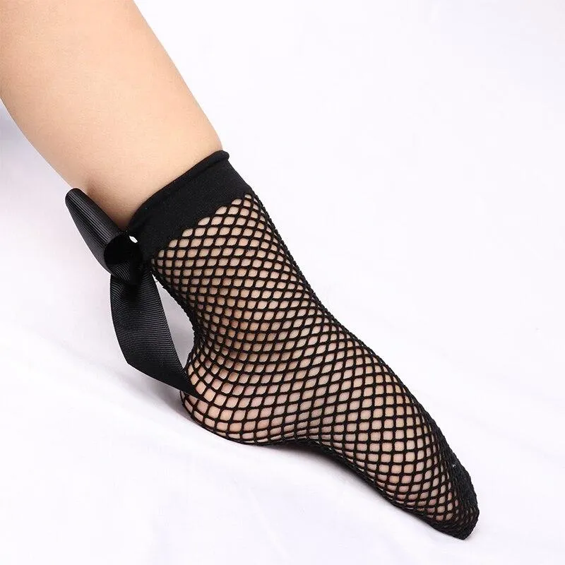 2 Pair Women & Girls Bow Ankle High Lace Fishnet Mesh Socks