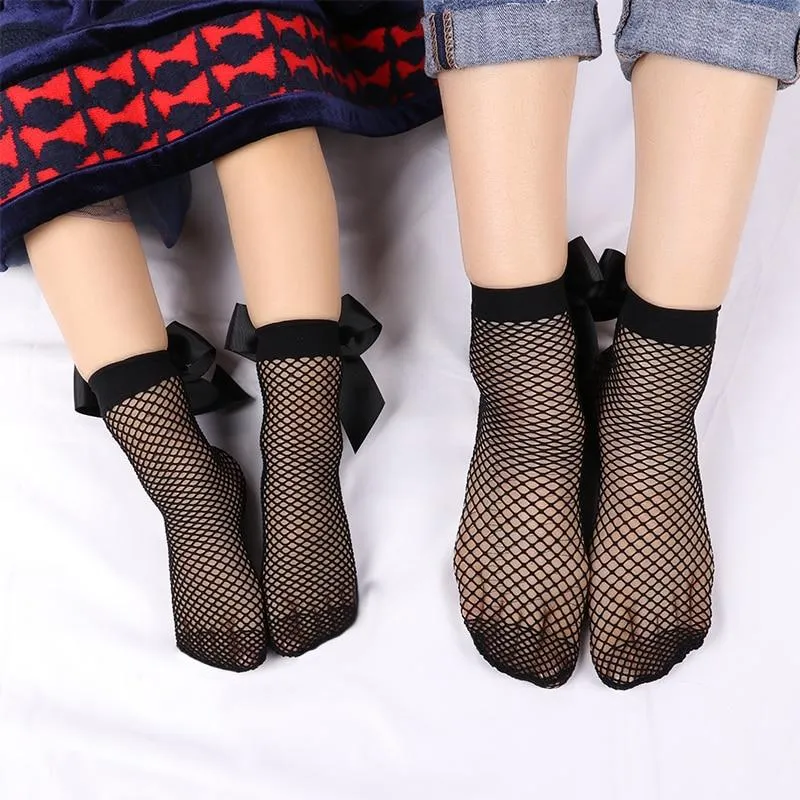 2 Pair Women & Girls Bow Ankle High Lace Fishnet Mesh Socks