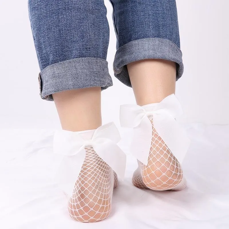 2 Pair Women & Girls Bow Ankle High Lace Fishnet Mesh Socks