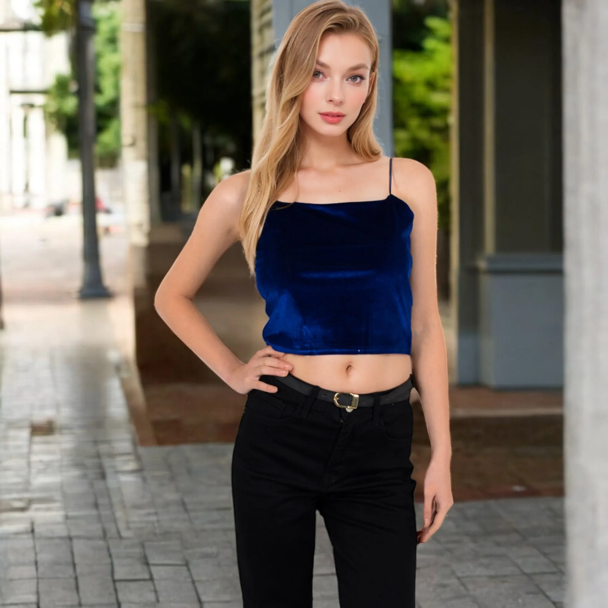 Anna-Kaci Women's Velvet Spaghetti Strap Cropped Cami Top