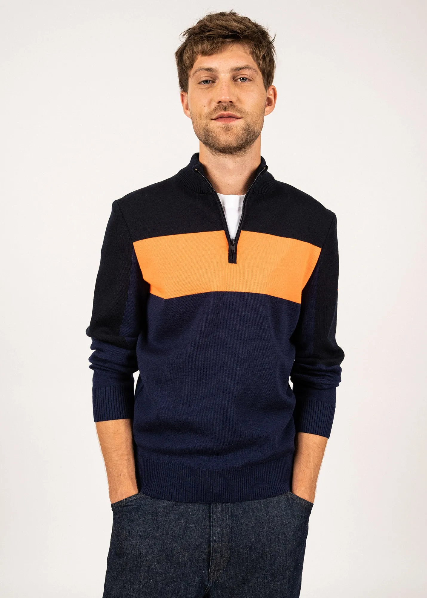 Bayeux high neck wool jumper - with contrasting stripes (INSIGNE/NAVY/ORANGE FLUO)