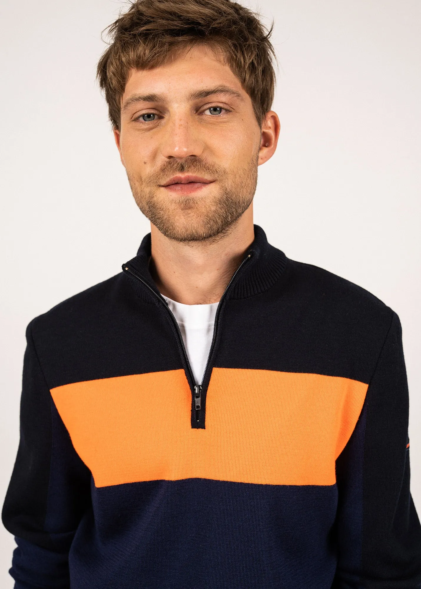 Bayeux high neck wool jumper - with contrasting stripes (INSIGNE/NAVY/ORANGE FLUO)