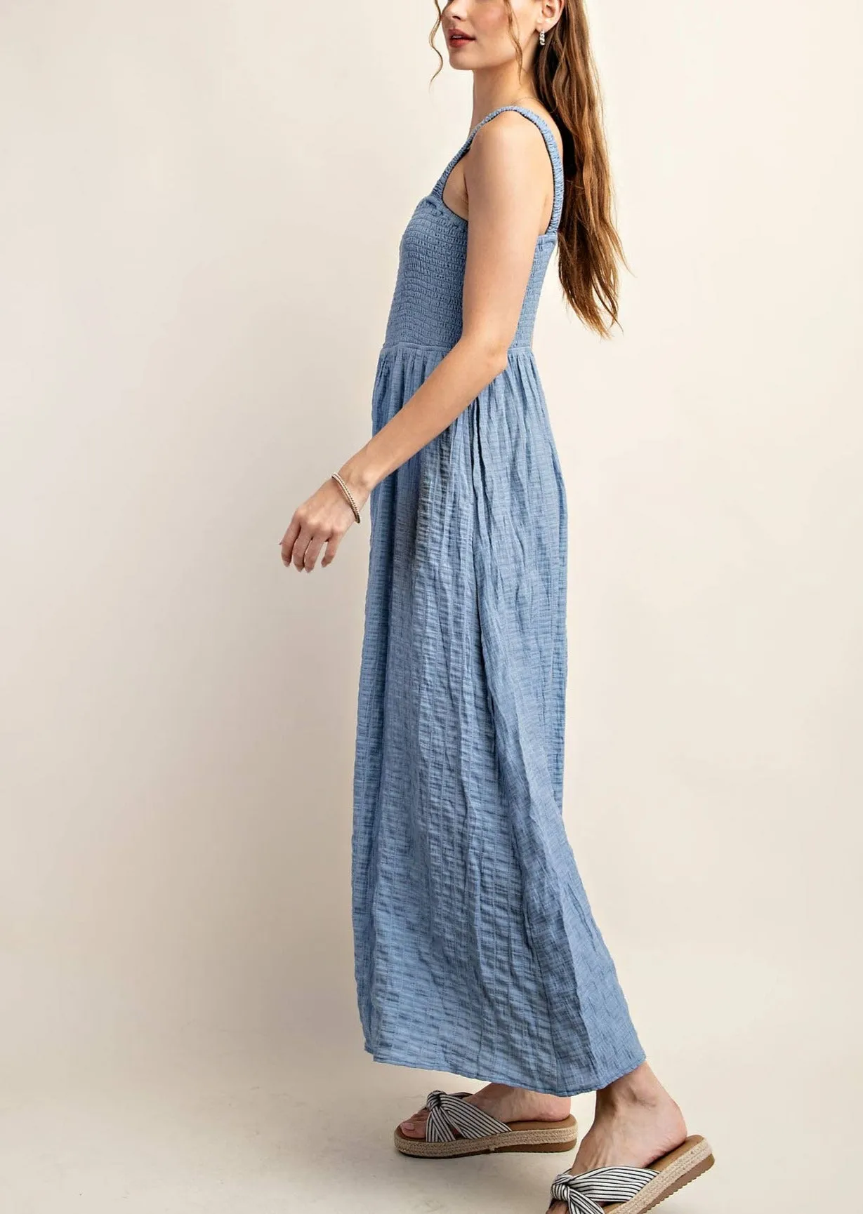 Beach Photo Chambray Crinkled Smocked Midi Dress