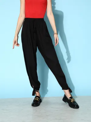 Berrylush Women Solid Black High-Rise Waist Thigh-High Slited Relaxed Trousers