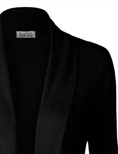 BIADANI Women Classic Soft Long Sleeve Ribbed Collar Open Front Cardigan Sweater Black, Large