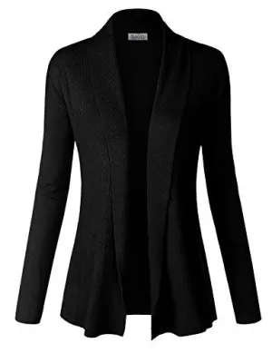 BIADANI Women Classic Soft Long Sleeve Ribbed Collar Open Front Cardigan Sweater Black, Large