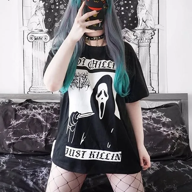 Black Halloween Gothic Print Loose Shirt