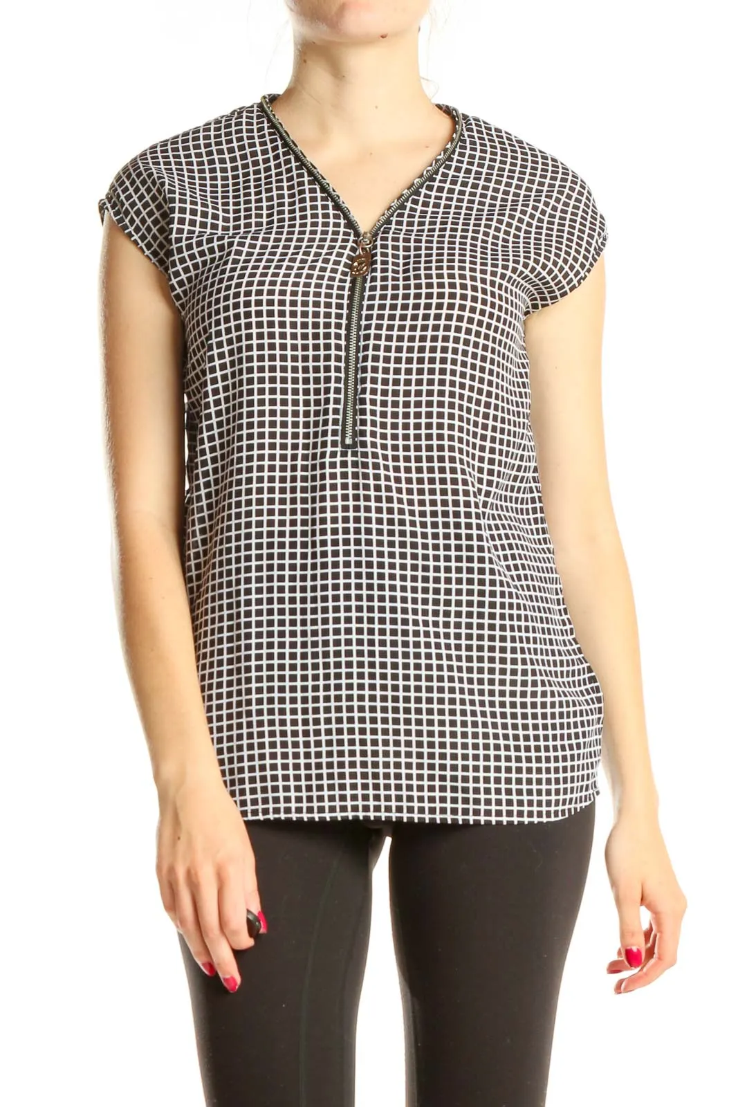 Black White Checkered Classic Blouse With Zipper Detail