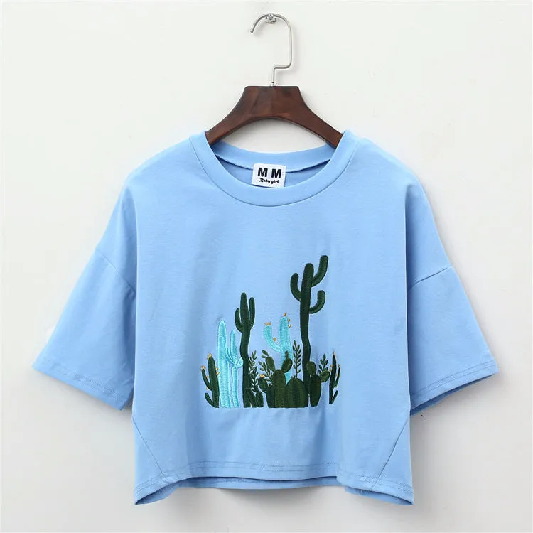 Cactus Embroidery Harajuku Style Crop Top Shirt