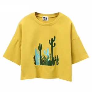 Cactus Embroidery Harajuku Style Crop Top Shirt