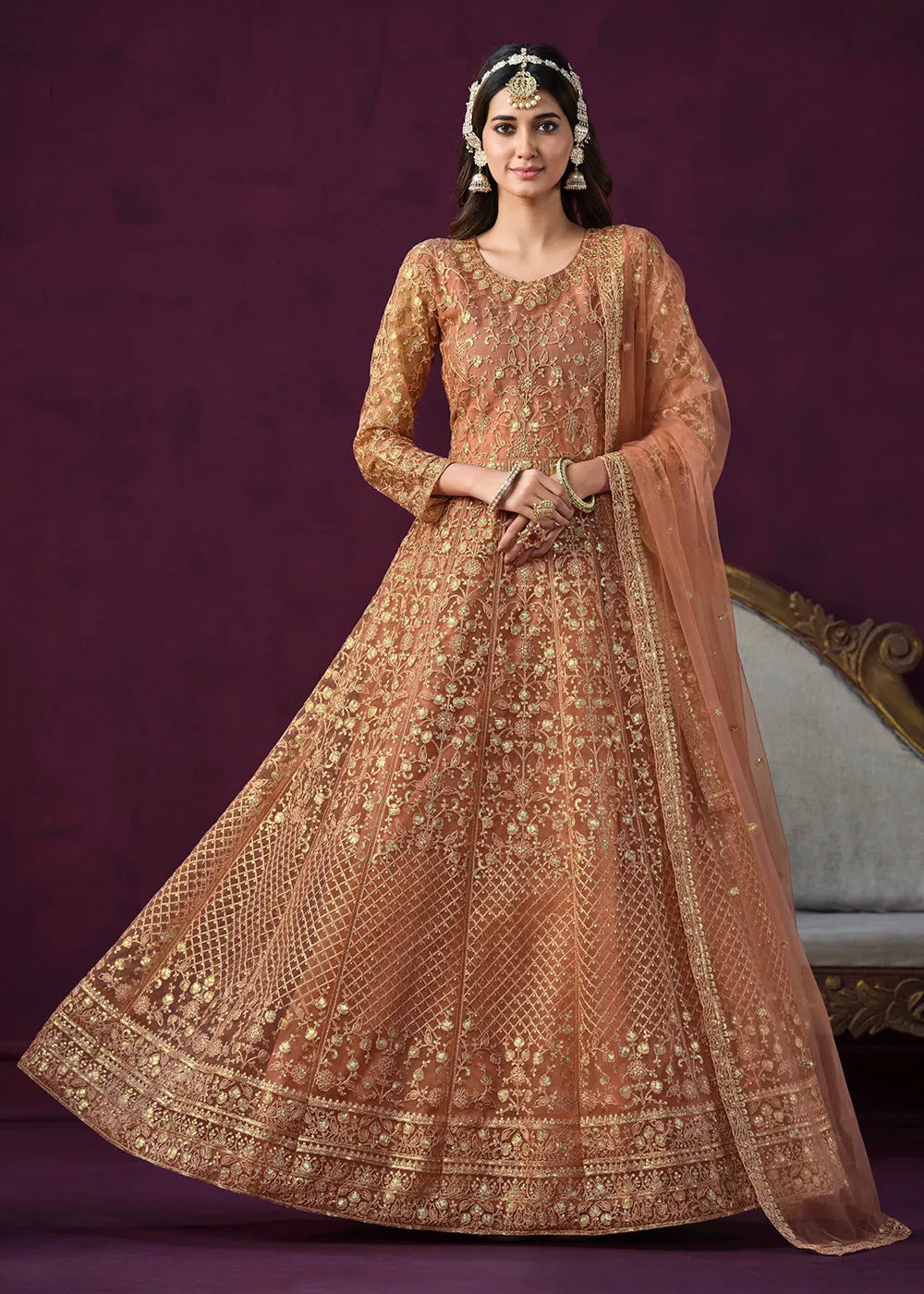 Charming Orange Embroidered Net Floor Length Anarkali Suit