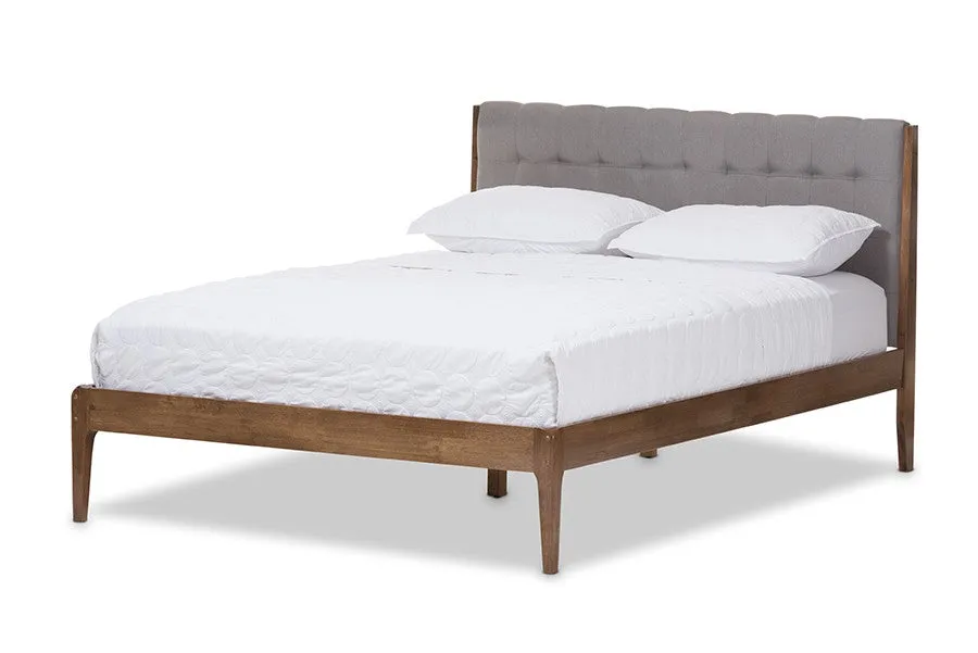 Clifford Light Grey Fabric & Brown Finish Wood Platform Bed w/Tapered Legs (Queen)