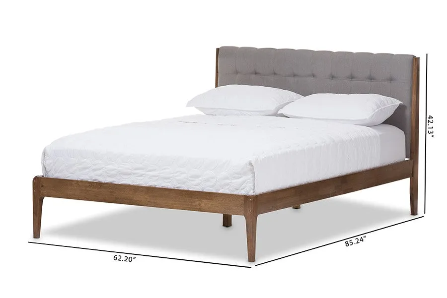 Clifford Light Grey Fabric & Brown Finish Wood Platform Bed w/Tapered Legs (Queen)