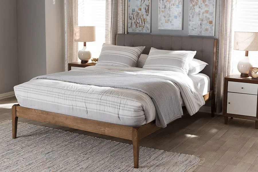 Clifford Light Grey Fabric & Brown Finish Wood Platform Bed w/Tapered Legs (Queen)