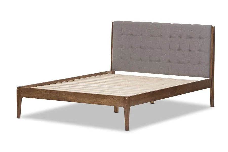 Clifford Light Grey Fabric & Brown Finish Wood Platform Bed w/Tapered Legs (Queen)