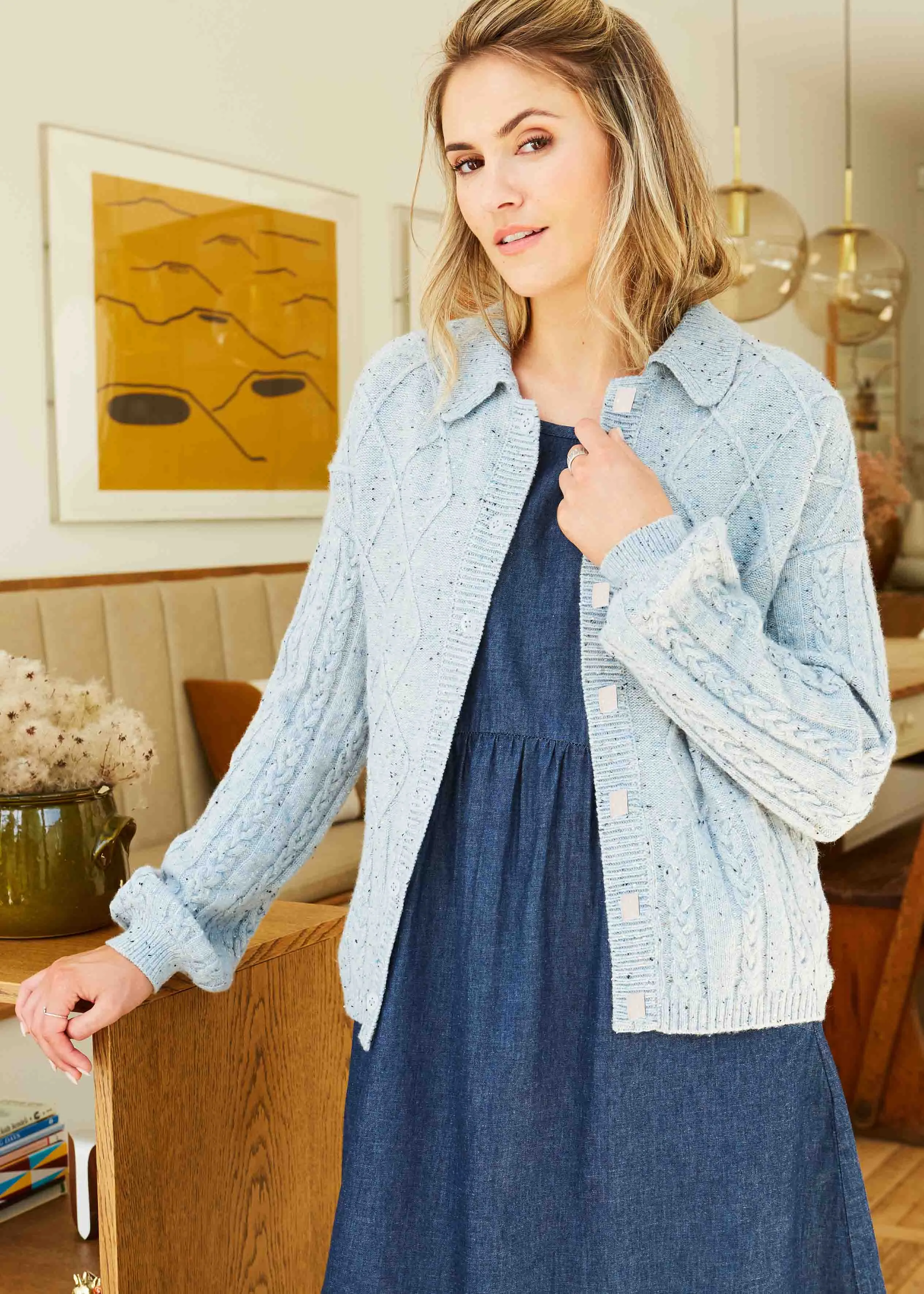 Collared Fleck Cable Knit VELCRO® Brand Fastening Cardigan