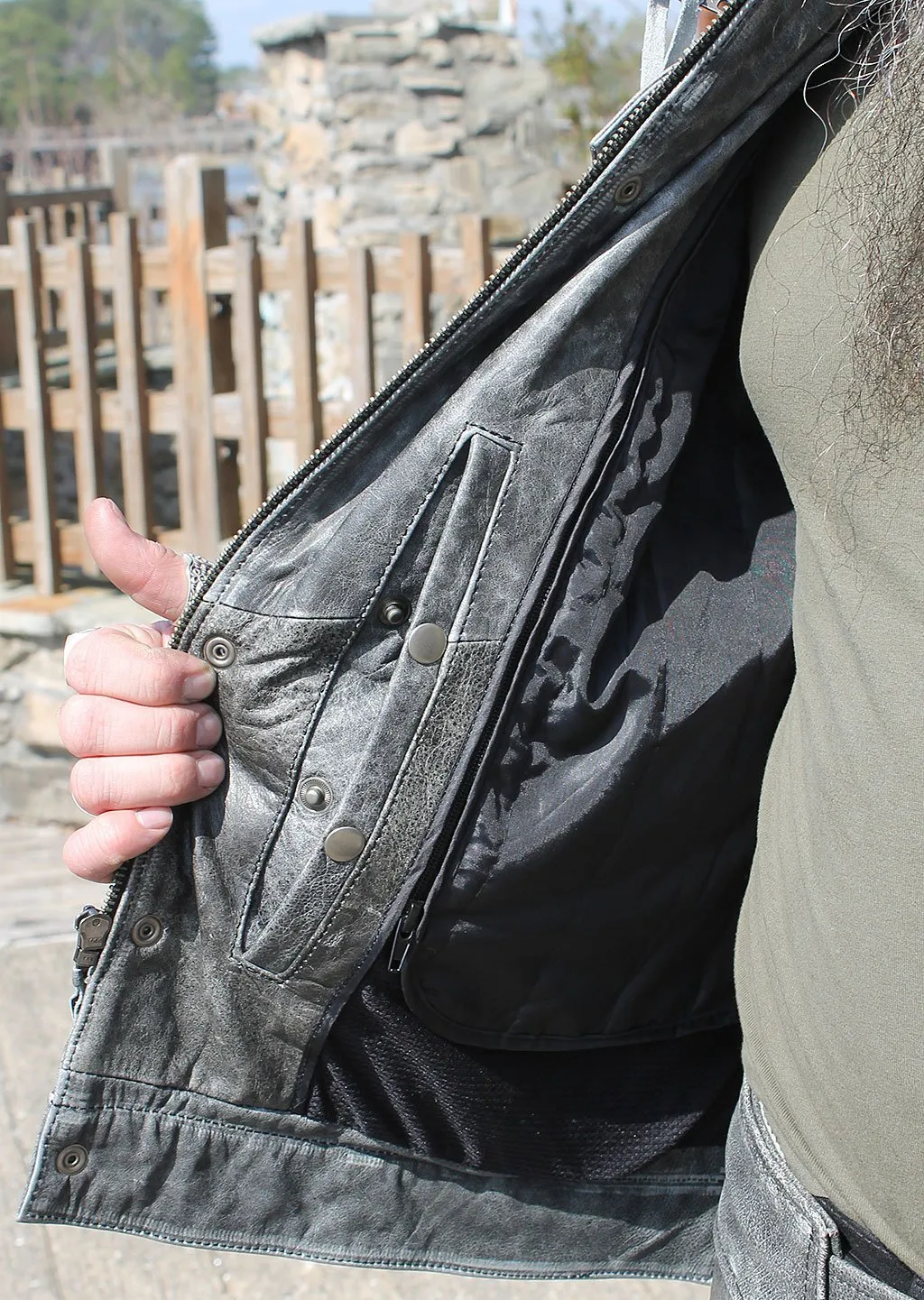 Concealed Pocket Gray Motorcycle Jacket w/Venting & Hood #M6906HVZGY ()