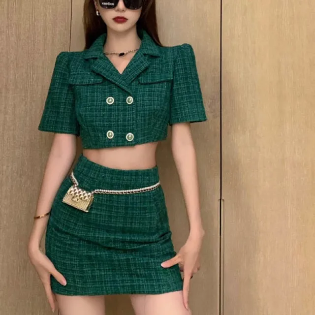 deanwangkt High Quality Fashion Elegant Tweed 2 Piece Set Women Short Jacket Coat Crop Top Mini Skirt Suits Small Fragrance Two Piece Set