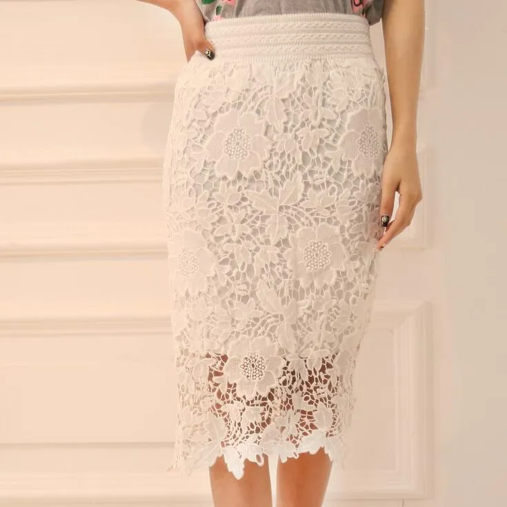 Europe Trendy Women Elastic High Waist Mid-Length See Through  Lace Hip Flattering Skirt