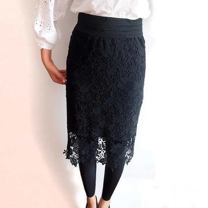 Europe Trendy Women Elastic High Waist Mid-Length See Through  Lace Hip Flattering Skirt