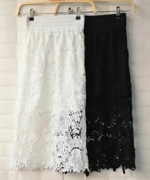 Europe Trendy Women Elastic High Waist Mid-Length See Through  Lace Hip Flattering Skirt