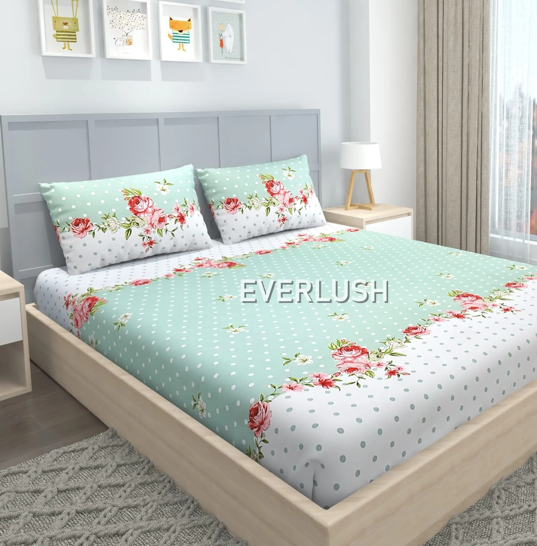 EVERLUSH 180 TC Glace Cotton Double King Size Elastic Fitted Bedsheet with 2 Pillow Covers, Size - 78 x 72 (Green Dot)