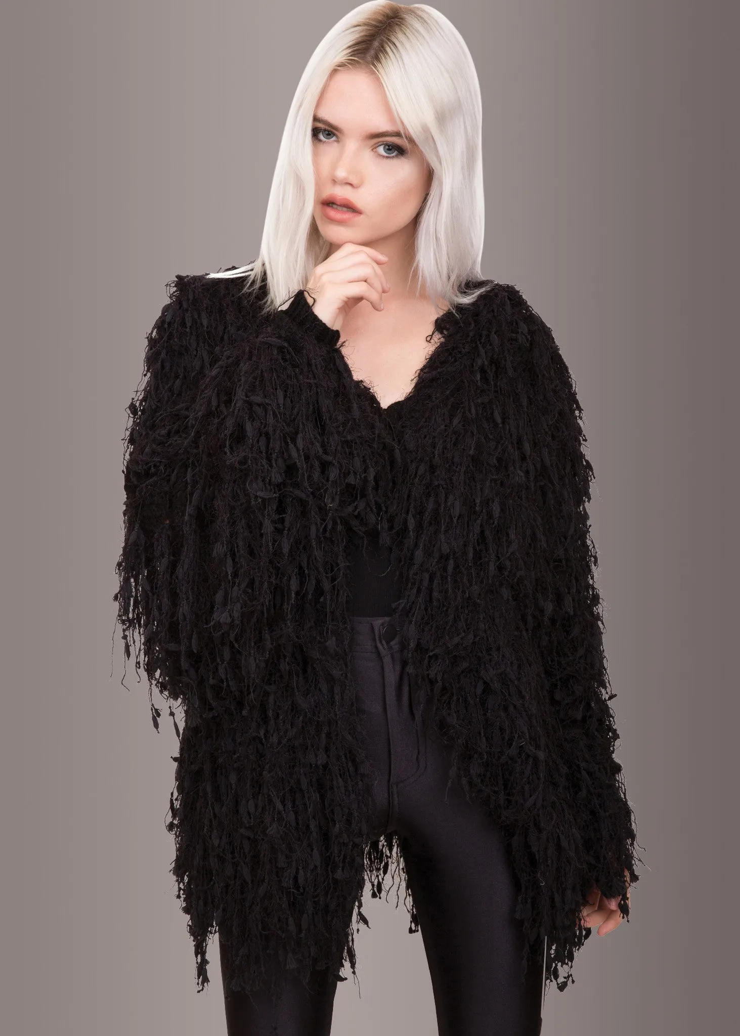 Fab Fringe Black Shaggy Open Jacket