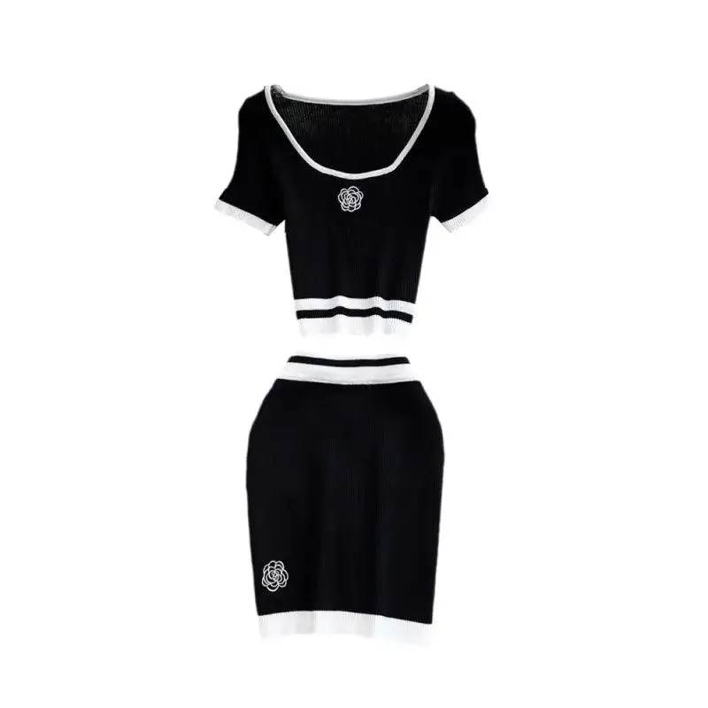 Fashion Female Hot Girl Round-neck High Waist Short Dress Suit