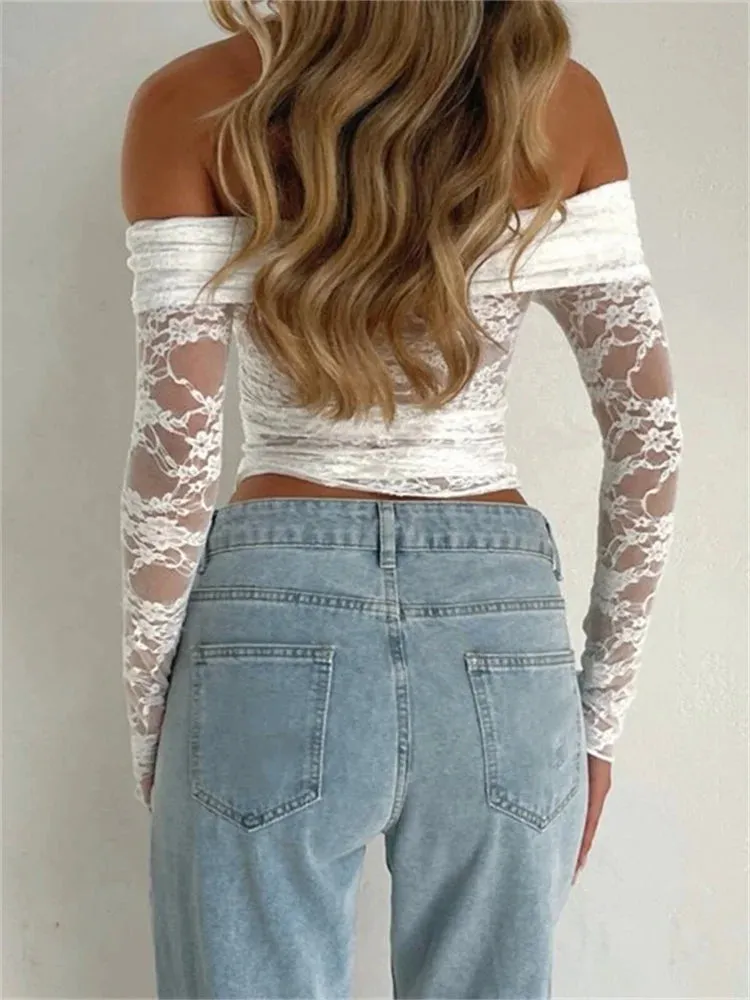 FashionSierra - 2024 Spring Summer Lace Floral Cropped Sexy Long Sleeve Slash Neck Off Shoulder Slim Fit Clubwear Tee