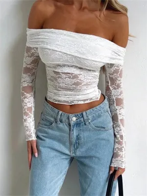 FashionSierra - 2024 Spring Summer Lace Floral Cropped Sexy Long Sleeve Slash Neck Off Shoulder Slim Fit Clubwear Tee