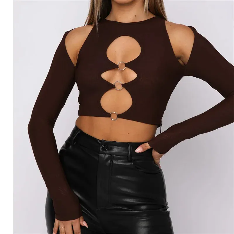 FashionSierra - 2024 Y2K Sexy Cutout Women Solid Long Sleeve Round Neck with Rings Vintage T-shirt Autumn Outwear Tee