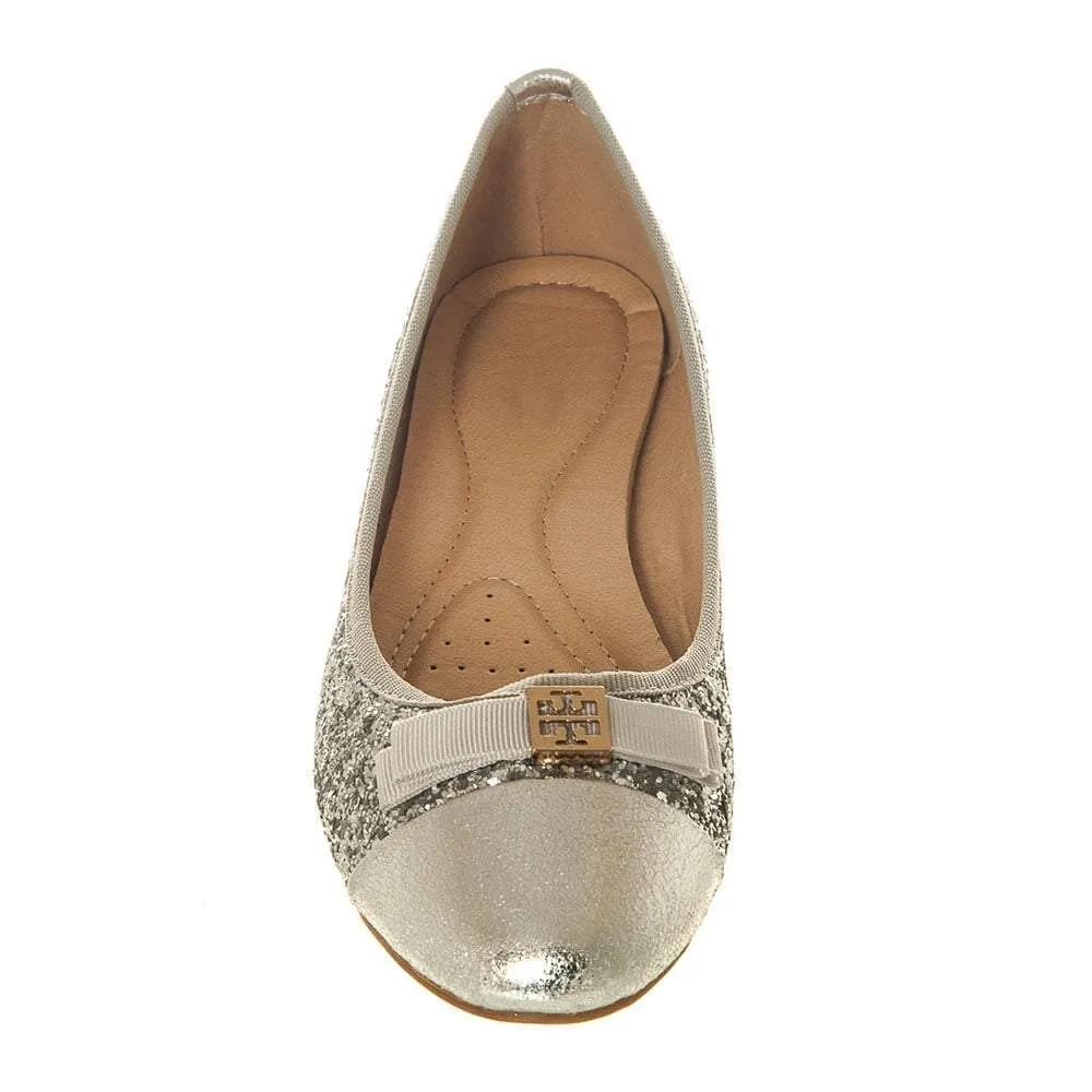 Flat Slip On Ballerina Pump With Bow Trim And Glitter Upper