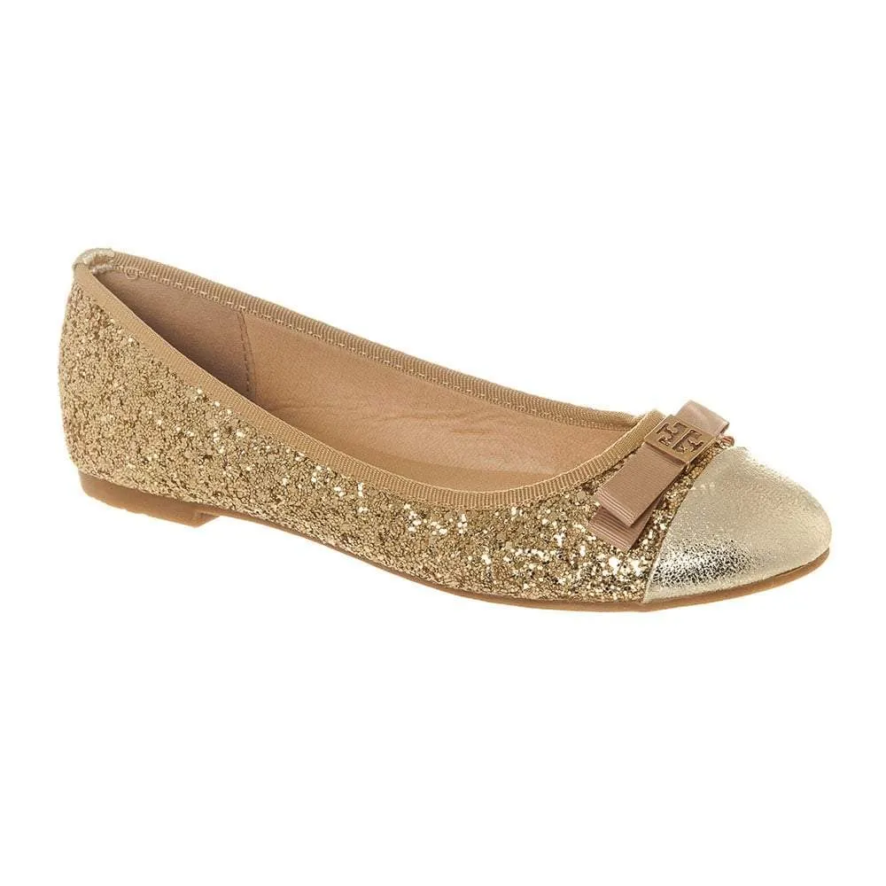 Flat Slip On Ballerina Pump With Bow Trim And Glitter Upper