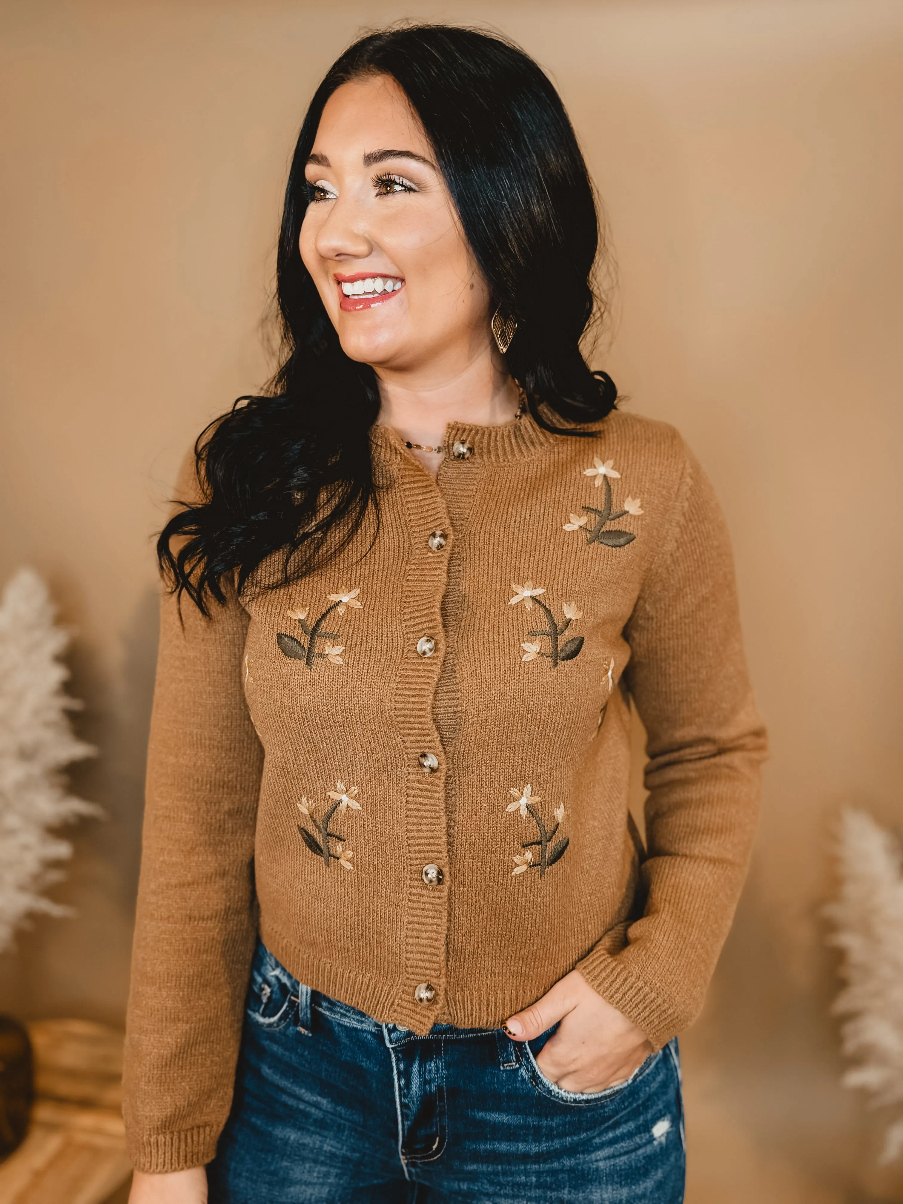 Floral Embroidered Cardigan - Brown