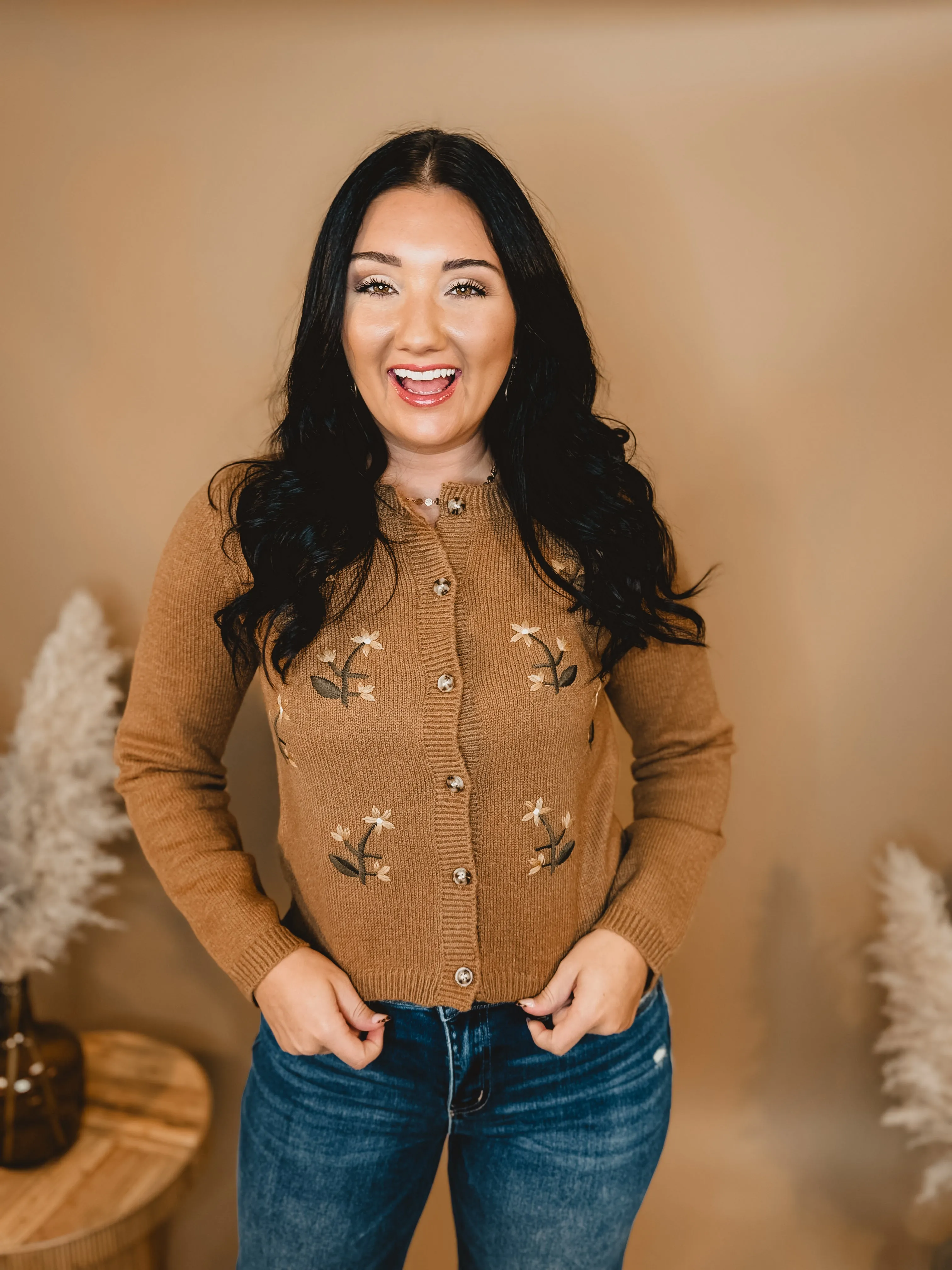 Floral Embroidered Cardigan - Brown