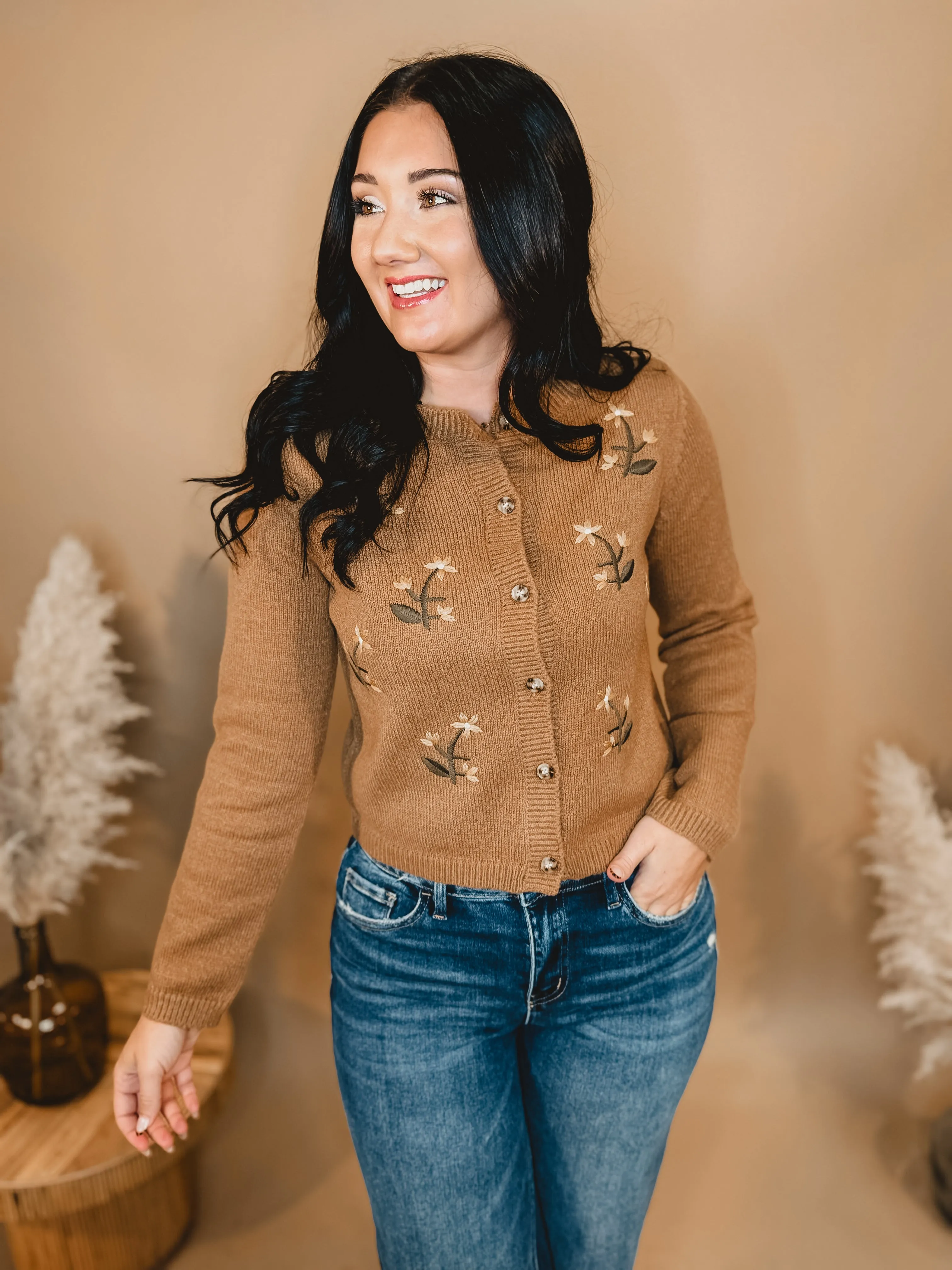 Floral Embroidered Cardigan - Brown