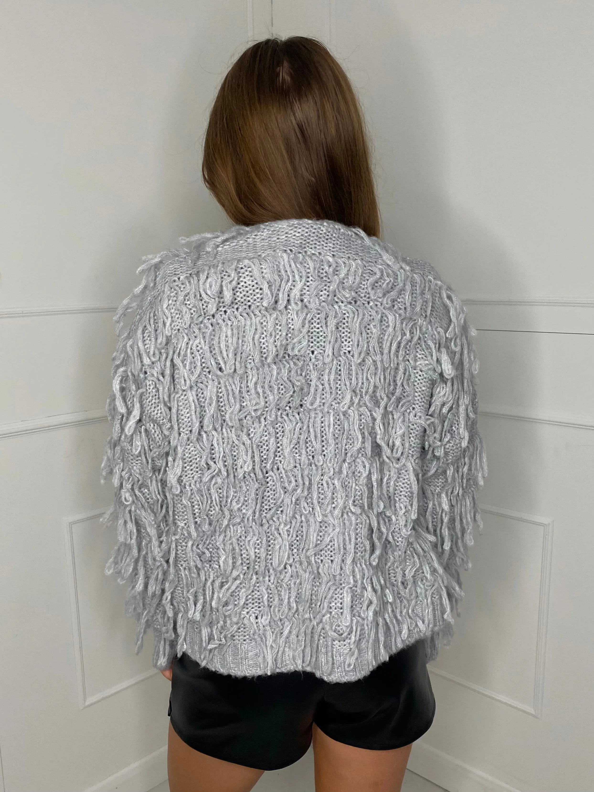 Fringe Detail Cardigan - Light Grey