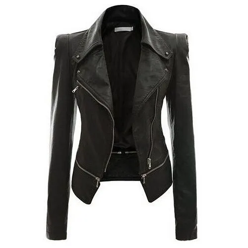 Gothic Punk Lapel Collar Slim Black Zipper PU Leather Jacket