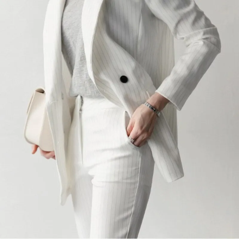 Graduation gift Women's Spring Elegant Casual Blazer Pantsuits Striped Jacket & Pencil Pant 2 Piece Set Lady Formal Business Trouser Suit