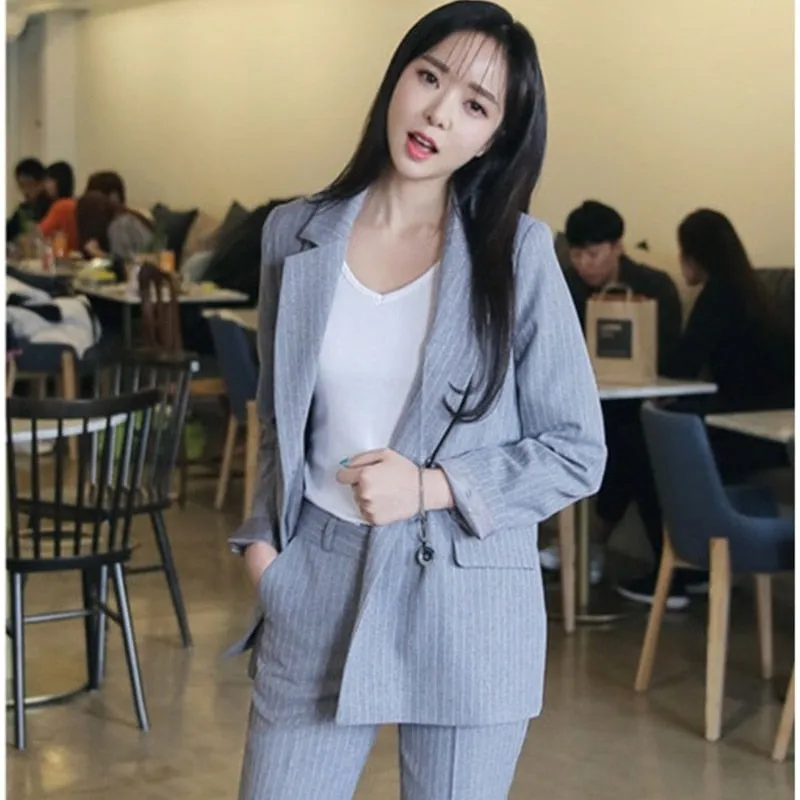 Graduation gift Women's Spring Elegant Casual Blazer Pantsuits Striped Jacket & Pencil Pant 2 Piece Set Lady Formal Business Trouser Suit