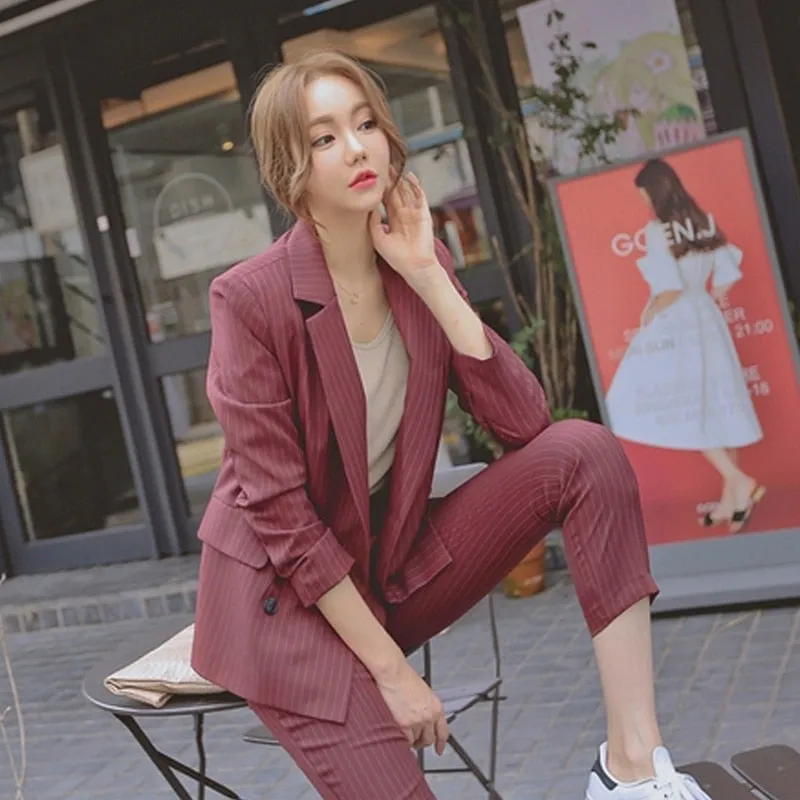 Graduation gift Women's Spring Elegant Casual Blazer Pantsuits Striped Jacket & Pencil Pant 2 Piece Set Lady Formal Business Trouser Suit