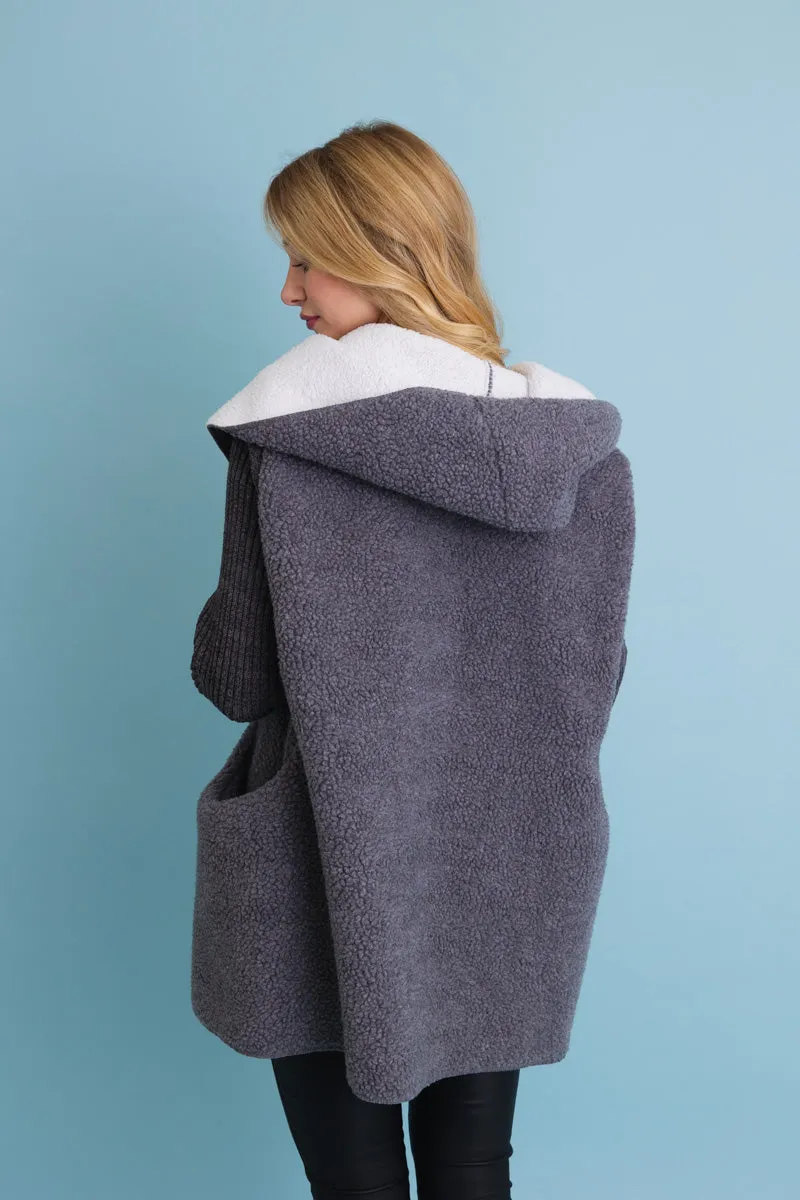 Gray Cozy Sherpa Hooded Cardigan