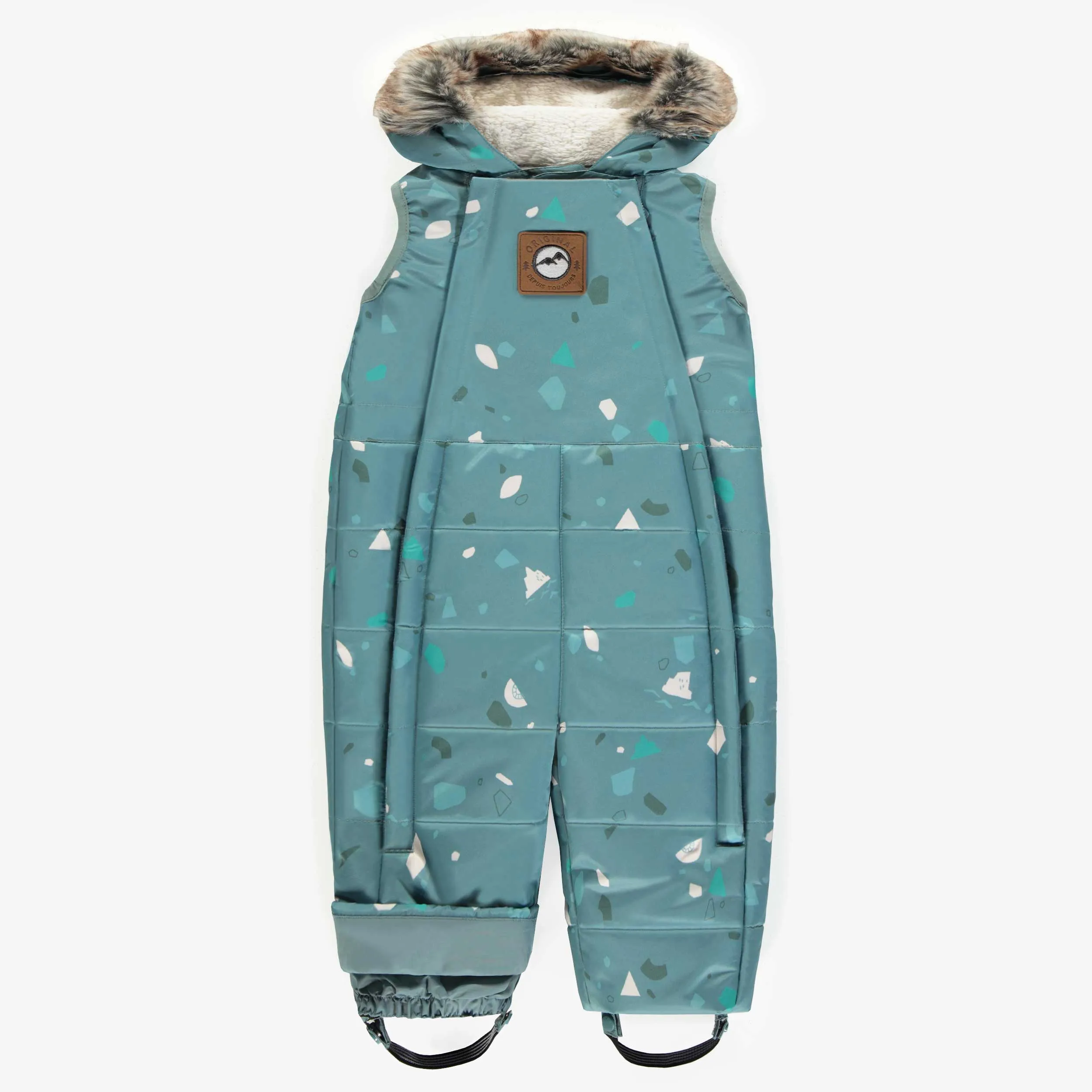 Habit de neige 3 en 1 bleu à motifs et fausse fourrure, bébé || 3 in 1 blue snowsuit with print and faux fur, baby