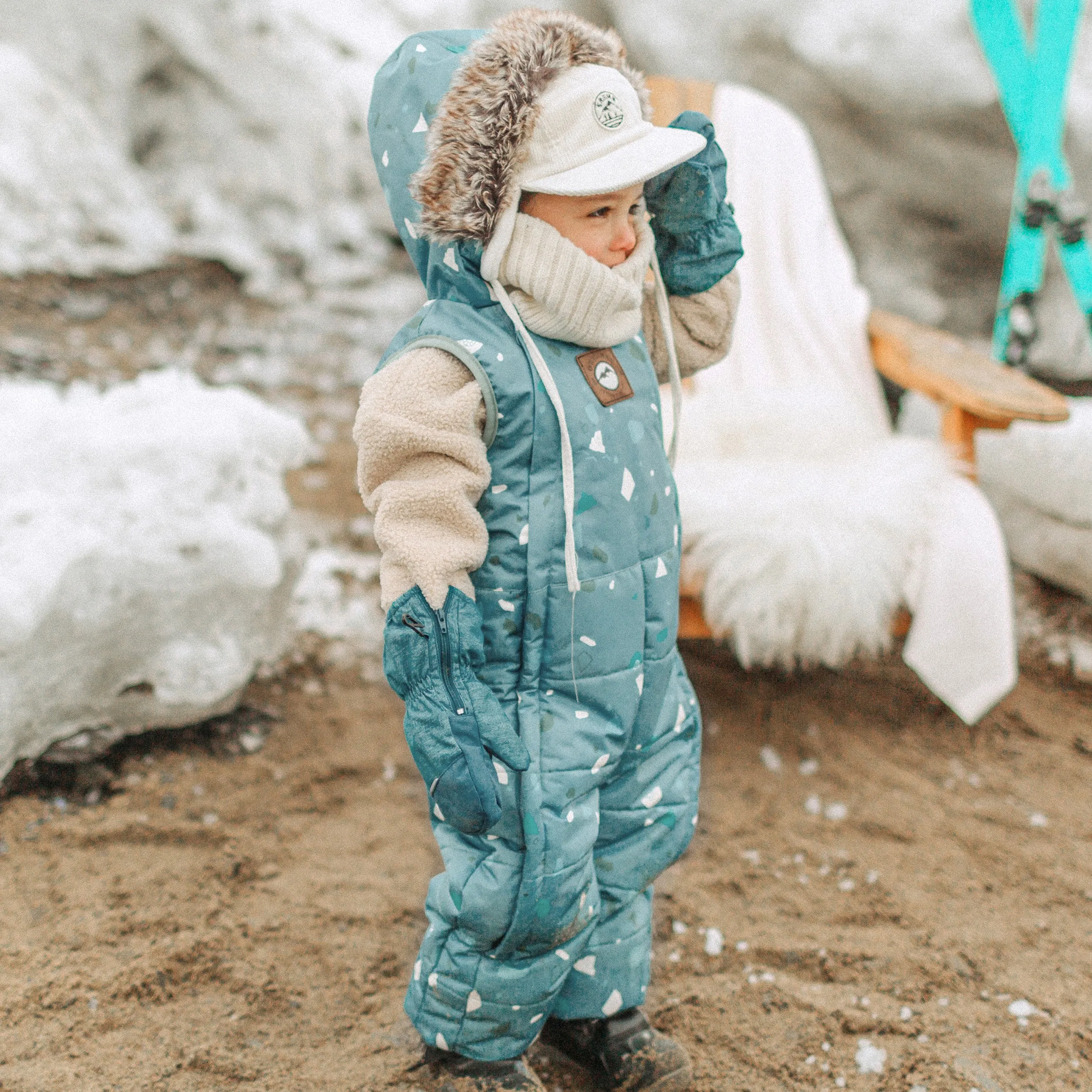 Habit de neige 3 en 1 bleu à motifs et fausse fourrure, bébé || 3 in 1 blue snowsuit with print and faux fur, baby