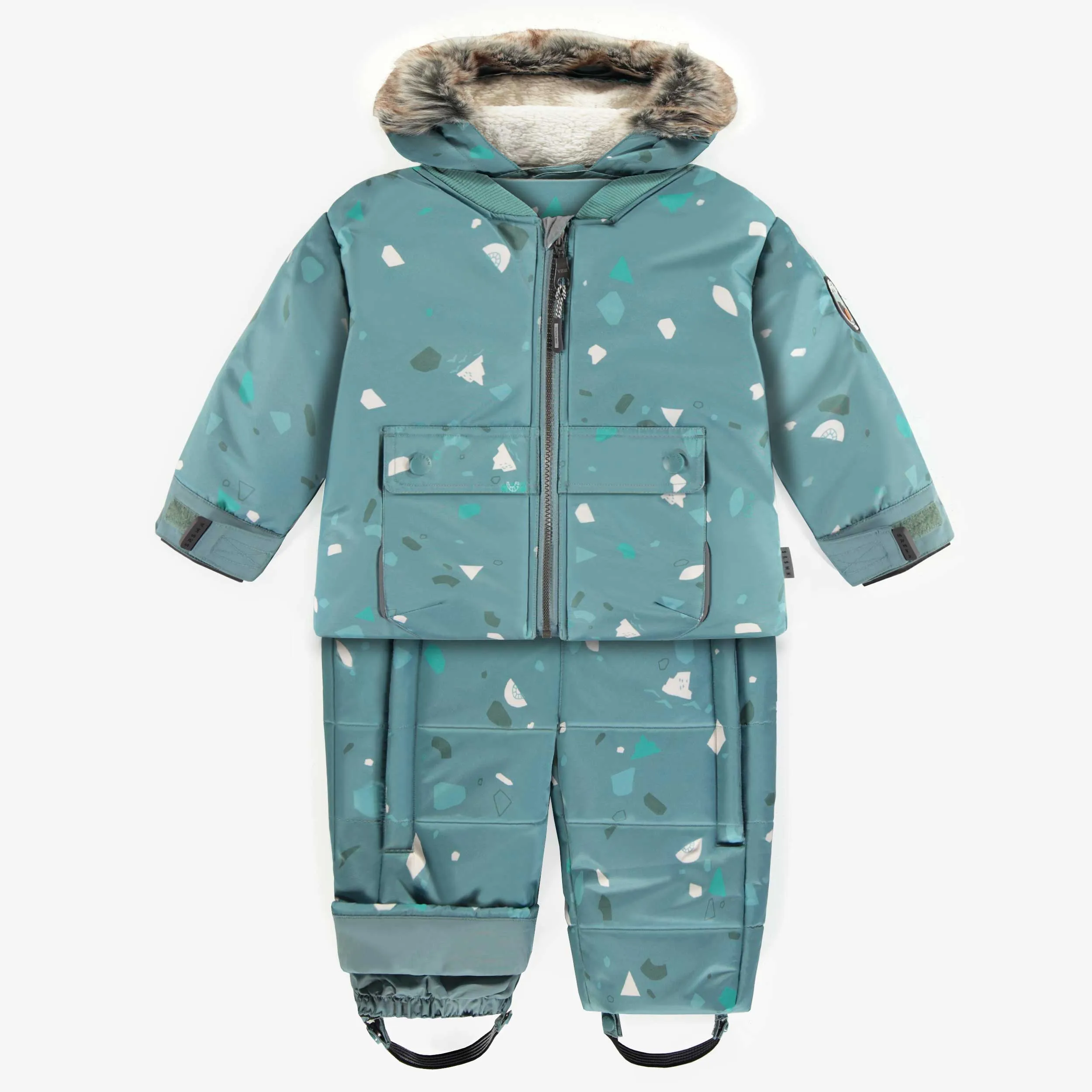 Habit de neige 3 en 1 bleu à motifs et fausse fourrure, bébé || 3 in 1 blue snowsuit with print and faux fur, baby