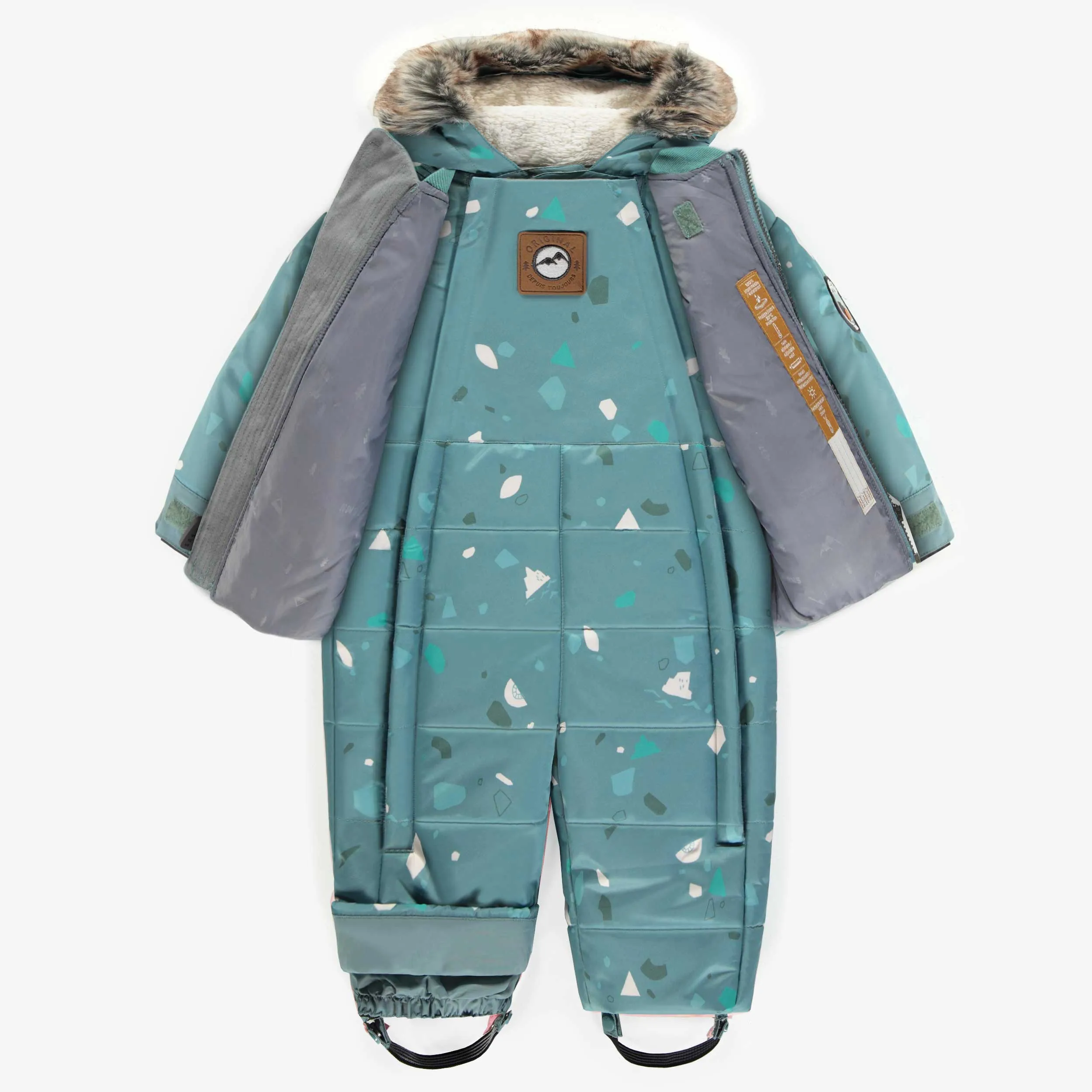 Habit de neige 3 en 1 bleu à motifs et fausse fourrure, bébé || 3 in 1 blue snowsuit with print and faux fur, baby