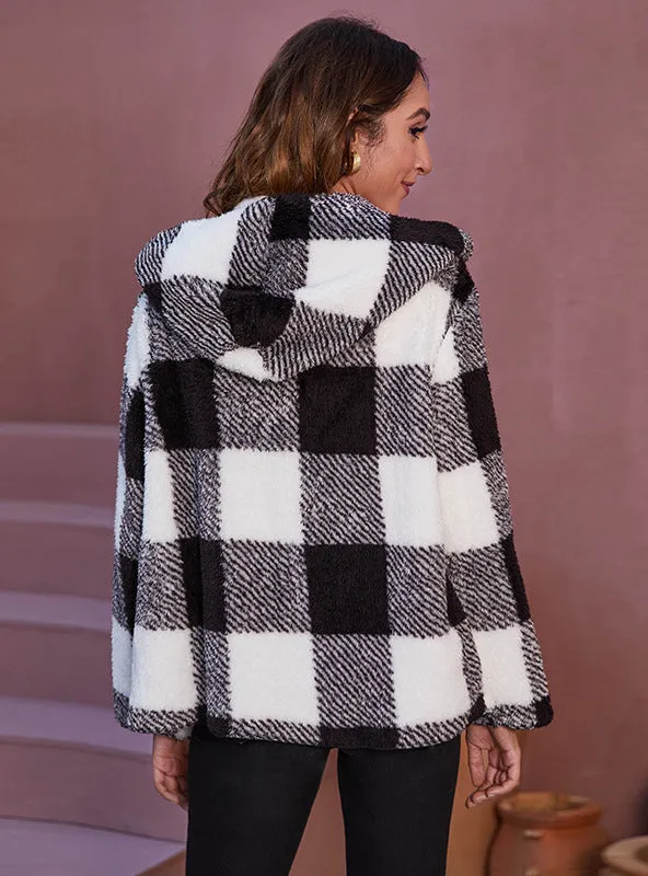 Hooded Pocket Casual Plaid Plush Coat