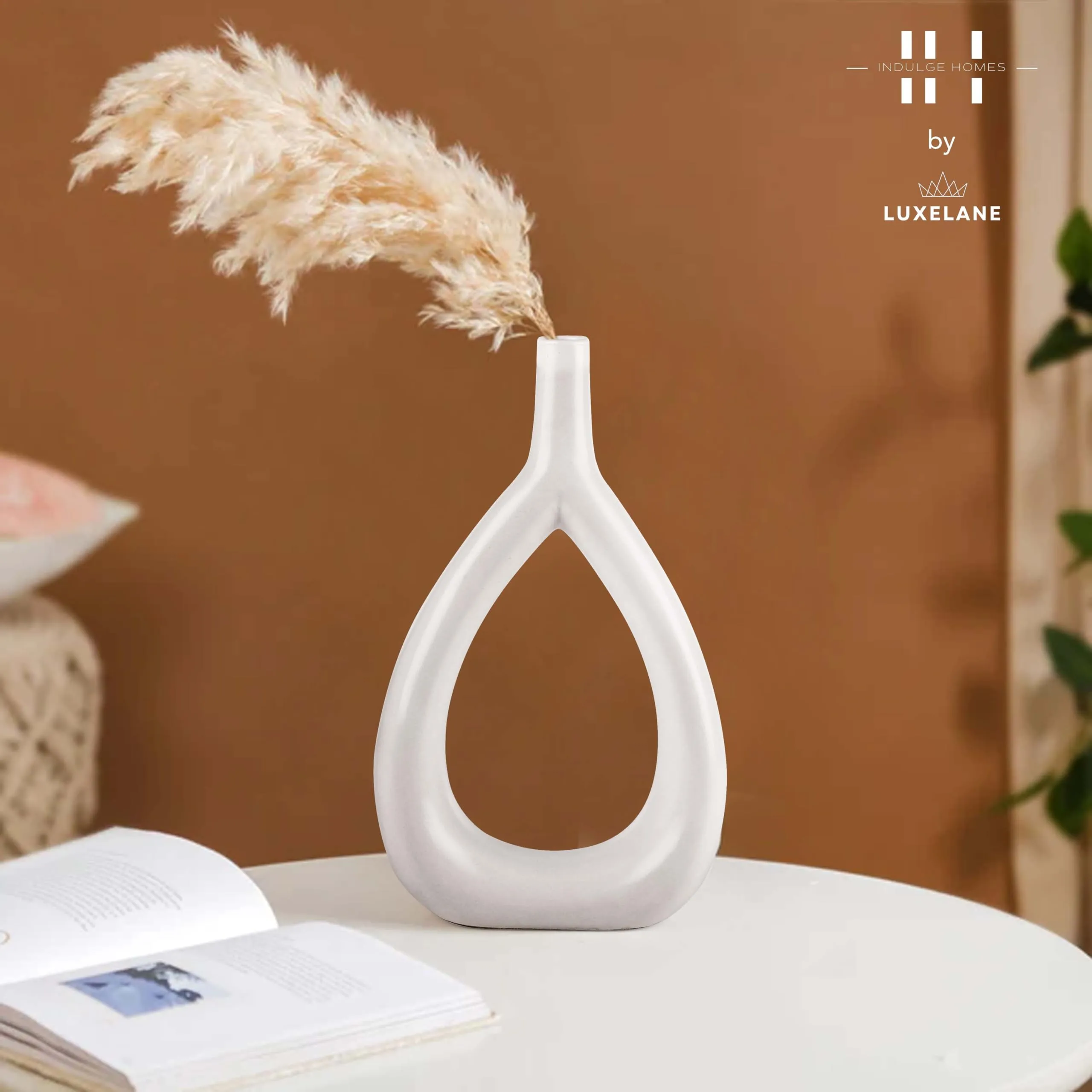 INDULGE HOMES - White Oval Vase/Flower Vase/Pampas Grass Vase/Ceramic Vase/Minimalist Vase/Round Vase/Home Decor Centrepiece/Decor Showpiece 11 Inches (Pack of 1)