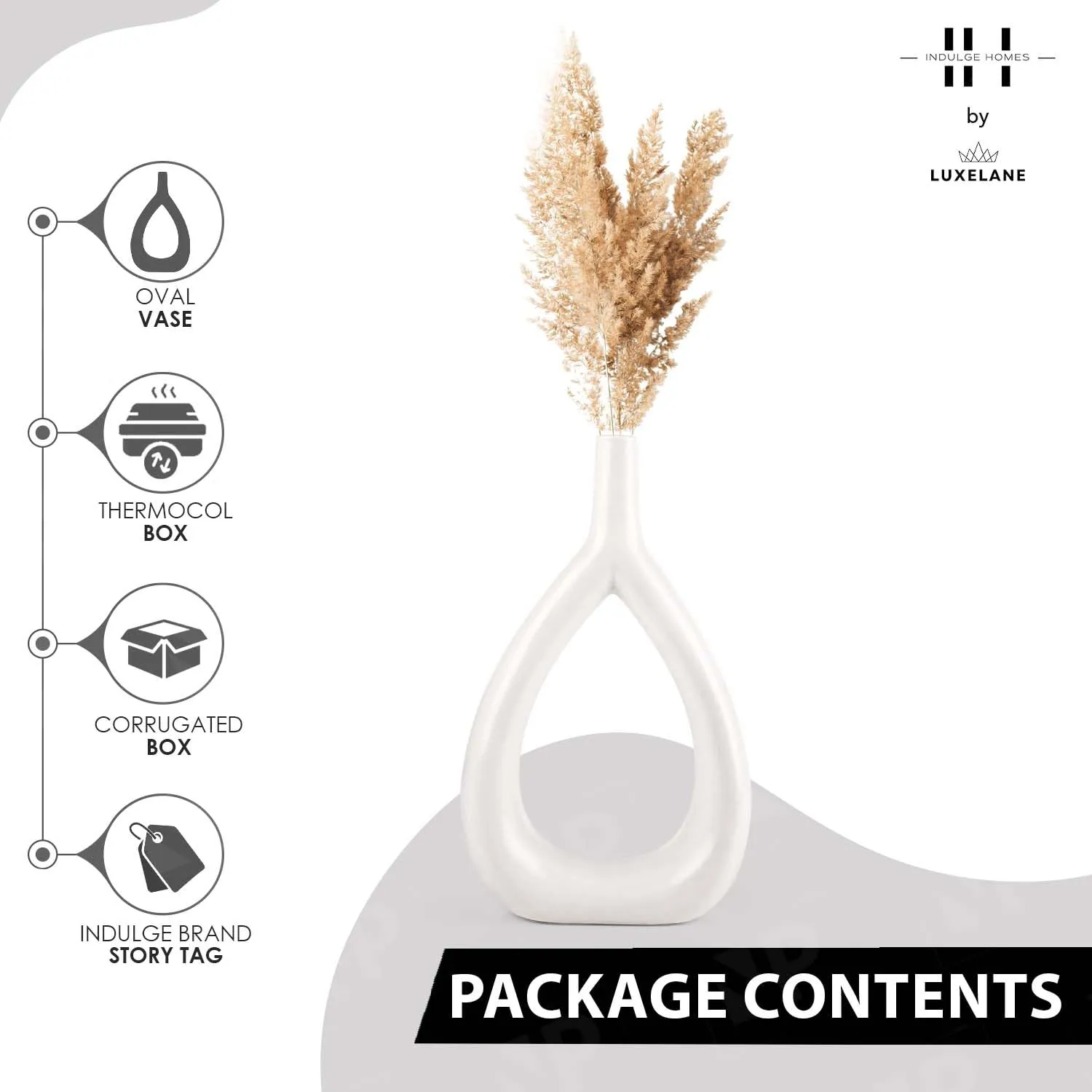 INDULGE HOMES - White Oval Vase/Flower Vase/Pampas Grass Vase/Ceramic Vase/Minimalist Vase/Round Vase/Home Decor Centrepiece/Decor Showpiece 11 Inches (Pack of 1)