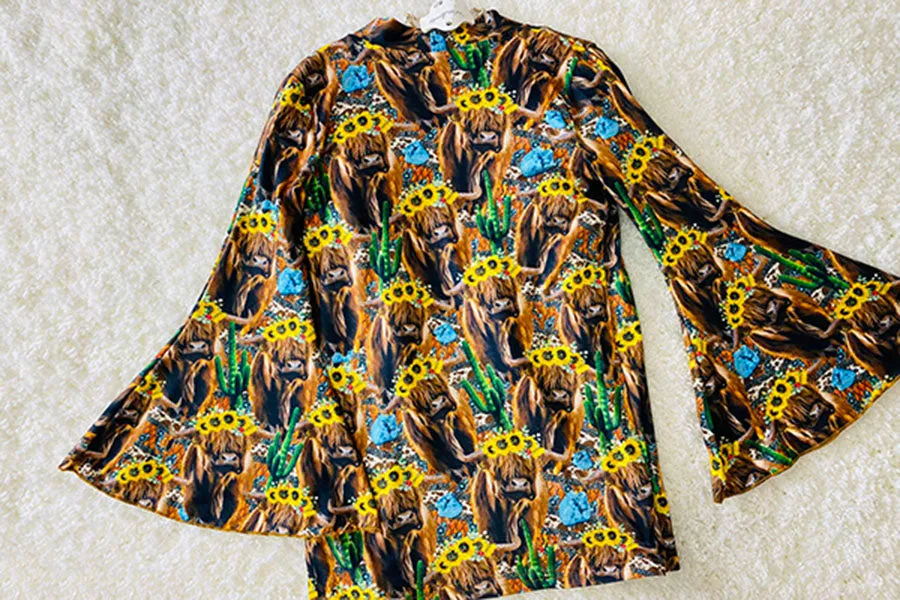 Multicolor bull w/sunflowers & cactus bell sleeve cardigan DLH0923-28